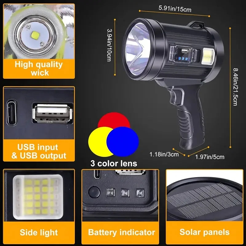 🔦 Projecteur LED Haute Puissance avec Recharge Solaire & USB avec Power Bank Integrée – Lampe Torche Multifonction avec Batterie Externe & Trépied