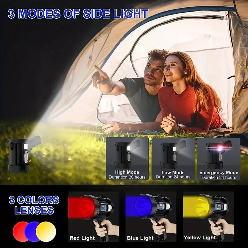 🔦 Projecteur LED Haute Puissance avec Recharge Solaire & USB avec Power Bank Integrée – Lampe Torche Multifonction avec Batterie Externe & Trépied