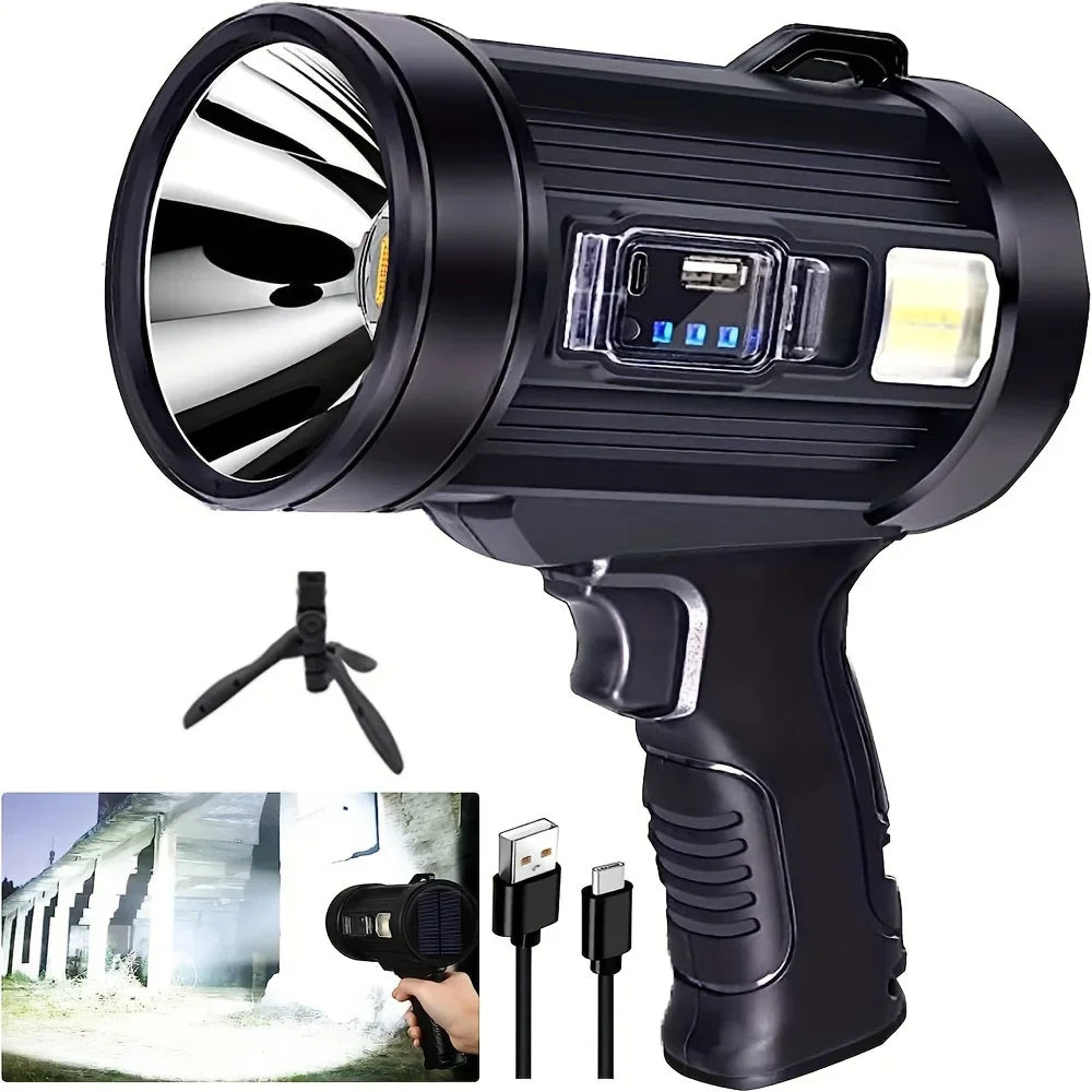 🔦 Projecteur LED Haute Puissance avec Recharge Solaire & USB avec Power Bank Integrée – Lampe Torche Multifonction avec Batterie Externe & Trépied