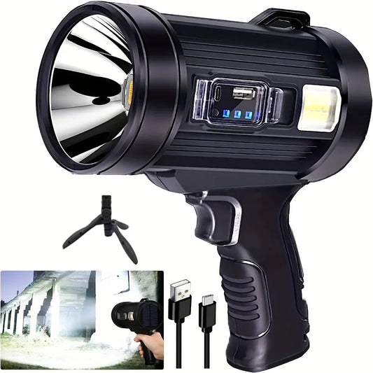 🔦 Projecteur LED Haute Puissance avec Recharge Solaire & USB avec Power Bank Integrée – Lampe Torche Multifonction avec Batterie Externe & Trépied