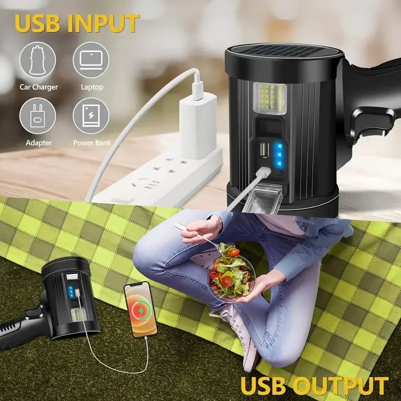 🔦 Projecteur LED Haute Puissance avec Recharge Solaire & USB avec Power Bank Integrée – Lampe Torche Multifonction avec Batterie Externe & Trépied