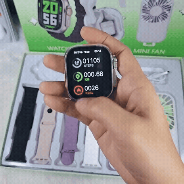 🌟 Pack 3-en-1 Smart Life – Montre Connectée + Écouteurs Sans Fil + Mini Ventilateur