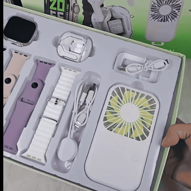 🌟 Pack 3-en-1 Smart Life – Montre Connectée + Écouteurs Sans Fil + Mini Ventilateur