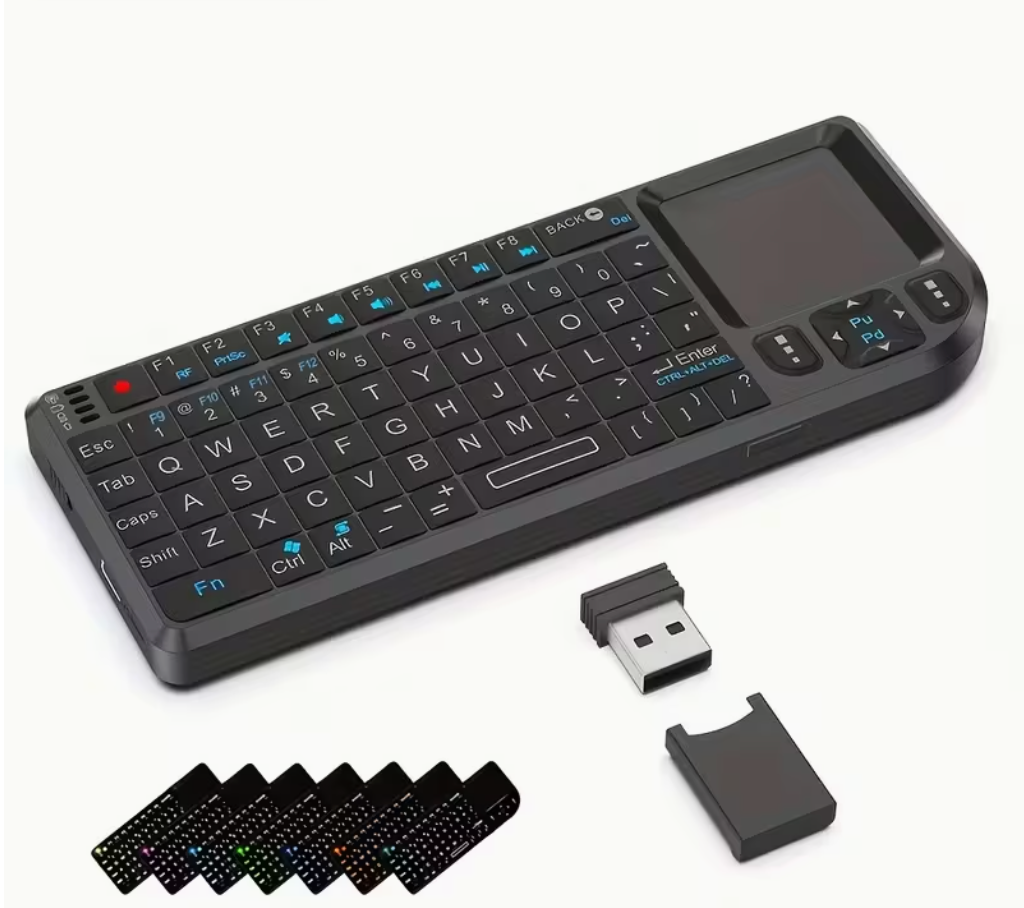 Clavier Sans Fil 2.4G avec Rétroéclairage 7 Couleurs 🌈 – Pavé Tactile, Souris & Lampe Torche Intégrée, Parfait pour PC, Ordinateur Portable & Smart TV Box