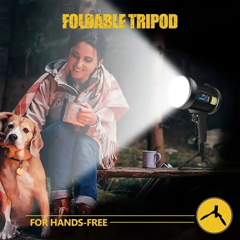 🔦 Projecteur LED Haute Puissance avec Recharge Solaire & USB avec Power Bank Integrée – Lampe Torche Multifonction avec Batterie Externe & Trépied