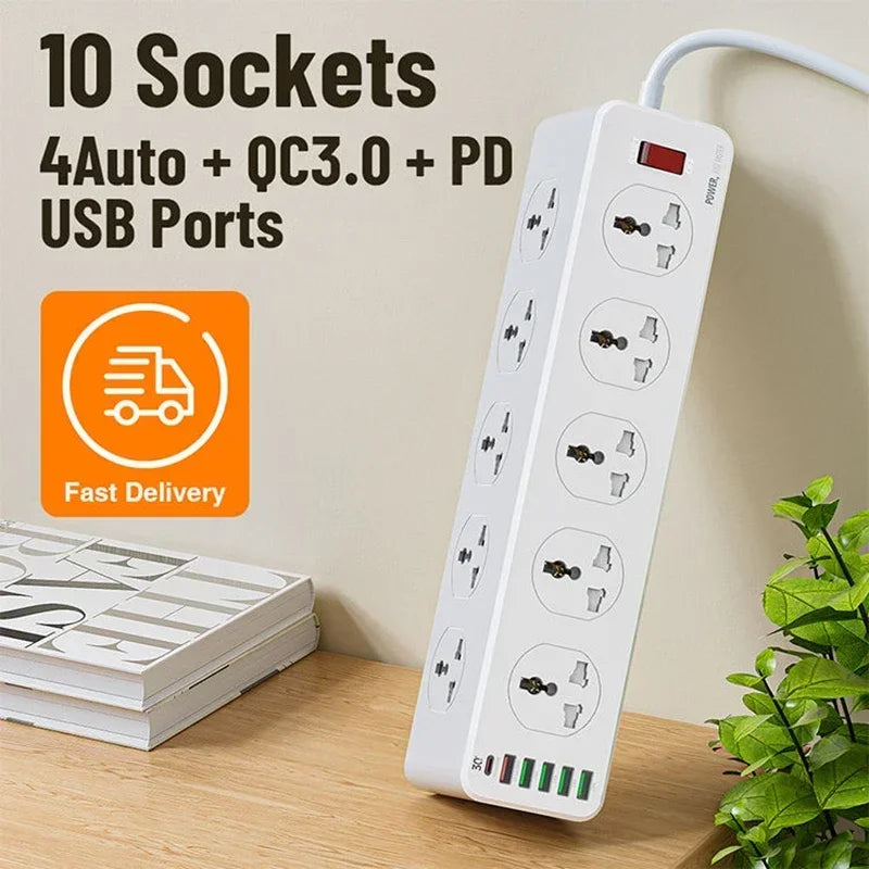 🔌 Multiprise Parasurtenseur Intelligente – 10 Prises, 5 Ports USB & 1 Type-C – Puissance 32W